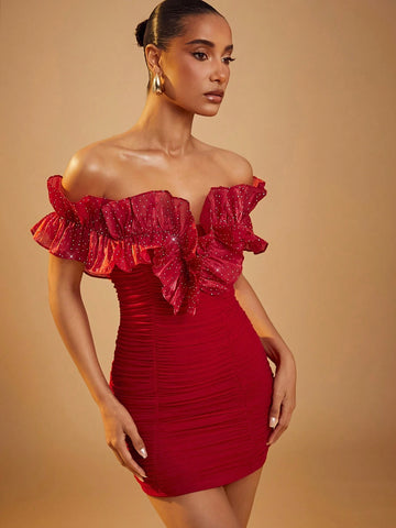 Ruffle Off Shoulder Rhinestone Deocr Bodycon Mini Dress