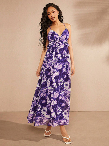 Ruffle Trim Backless Maxi Print Dress