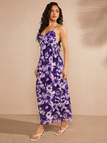 Ruffle Trim Backless Maxi Print Dress