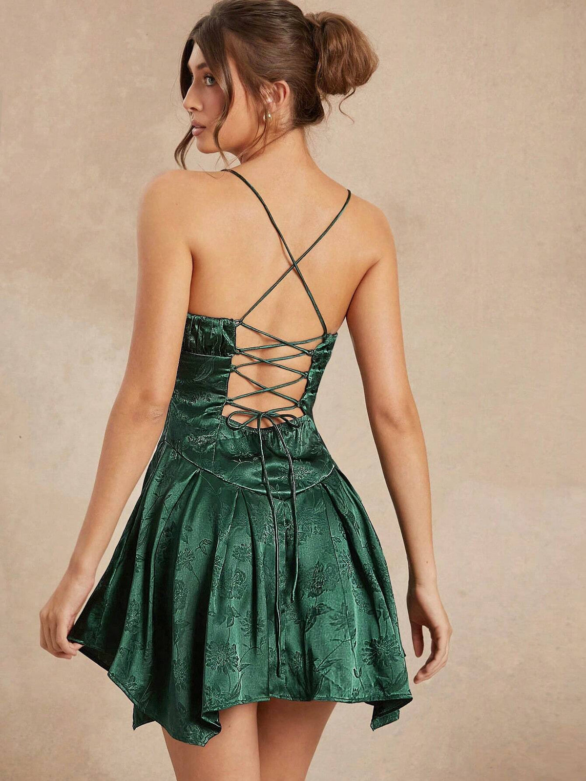 Haute Satin Flare Mini Dress With Lace Up Back