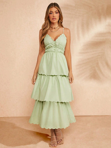 Scallop Edge Tiered Lace Up Back Dress