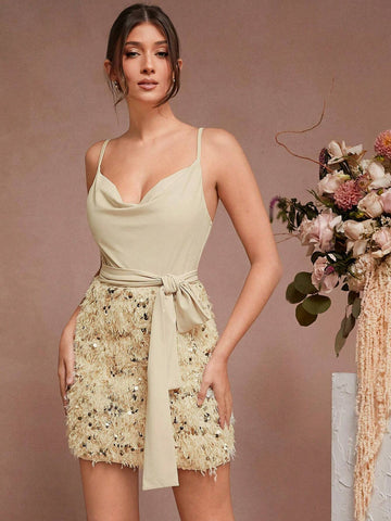 Sequin Patchwork Belted Draped Elegant Sleeveless Dress