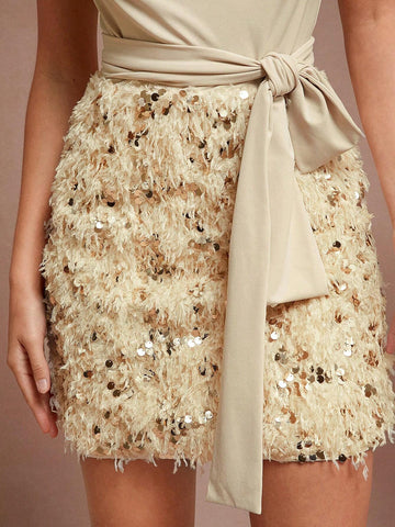 Sequin Patchwork Belted Draped Elegant Sleeveless Dress
