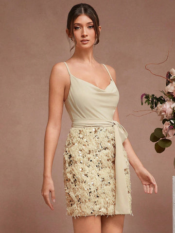 Sequin Patchwork Belted Draped Elegant Sleeveless Dress