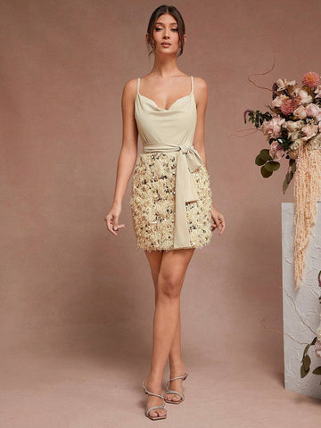 Sequin Patchwork Belted Draped Elegant Sleeveless Dress