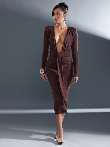 Shoulder Pad Plunge Neck Slinky Midi Dress With Sash