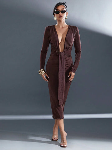 Shoulder Pad Plunge Neck Slinky Midi Dress With Sash