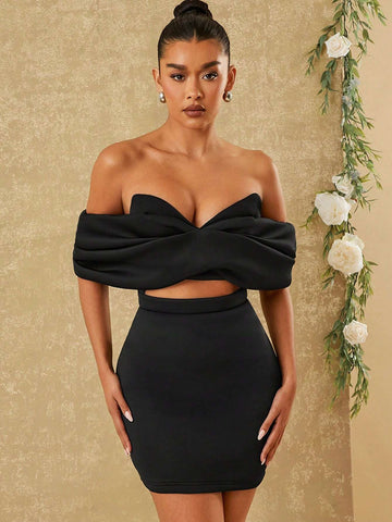 Simple Off-Shoulder Zipper Back Hollow Slim Fit Dress