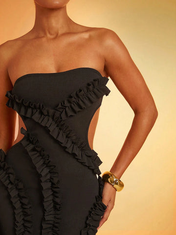 Sleeveless Ruffle Detail Cut Out Mini Dress