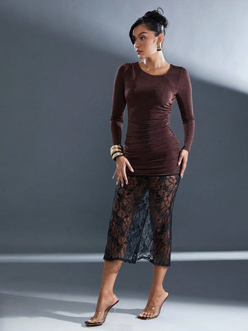 Slinky Knit Lace Hem Asymmetrical Neckline Ruched Dress