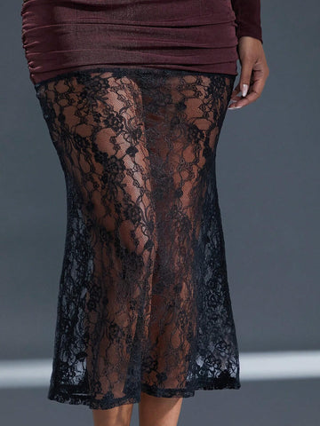 Slinky Knit Lace Hem Asymmetrical Neckline Ruched Dress