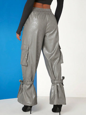 Haute Snake PU Leather Knot Hem Cargo Pants