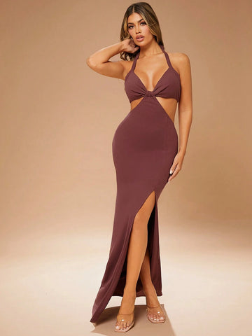 Solid Brushed Jersey Hollow Out Slit Maxi Dress