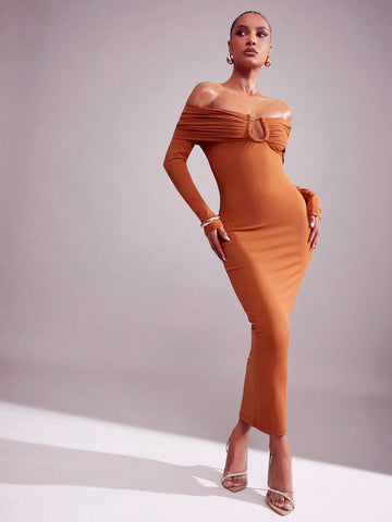 Solid Brushed Jersey Off Shoulder Fold Over Midi Dress