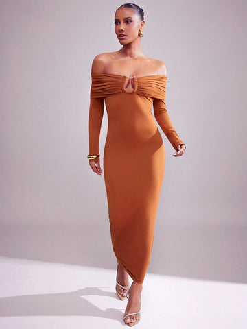 Solid Brushed Jersey Off Shoulder Fold Over Midi Dress