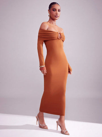 Solid Brushed Jersey Off Shoulder Fold Over Midi Dress