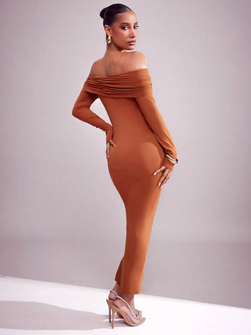 Solid Brushed Jersey Off Shoulder Fold Over Midi Dress