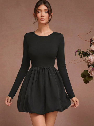 Solid Color Crew Neck Elegant Commuting Long Sleeve Short Dress