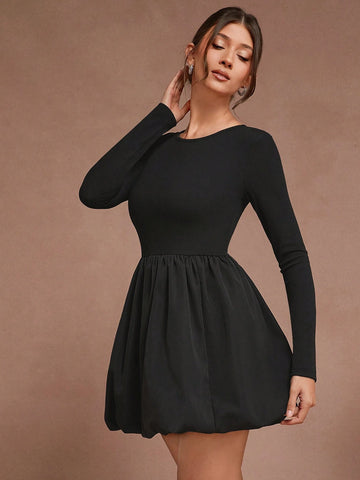Solid Color Crew Neck Elegant Commuting Long Sleeve Short Dress