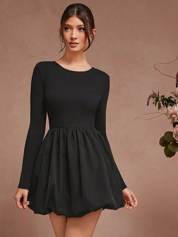 Solid Color Crew Neck Elegant Commuting Long Sleeve Short Dress