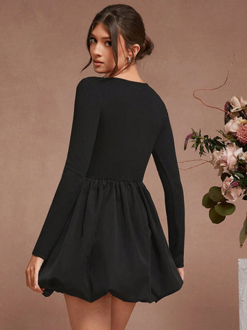 Solid Color Crew Neck Elegant Commuting Long Sleeve Short Dress