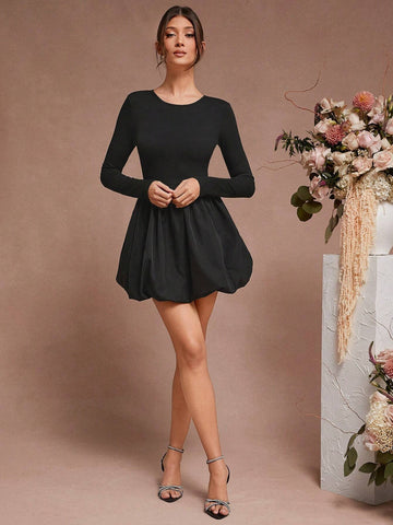 Solid Color Crew Neck Elegant Commuting Long Sleeve Short Dress