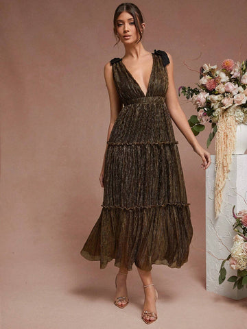 Solid Color Deep V Neck Ruffle Hem Backless Sleeveless Dress