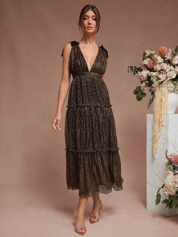 Solid Color Deep V Neck Ruffle Hem Backless Sleeveless Dress