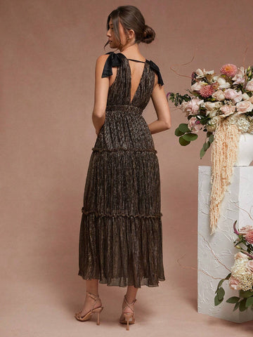 Solid Color Deep V Neck Ruffle Hem Backless Sleeveless Dress