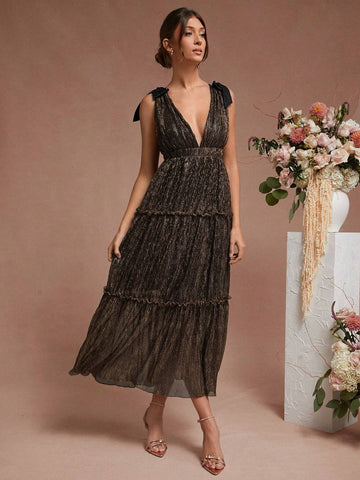 Solid Color Deep V Neck Ruffle Hem Backless Sleeveless Dress