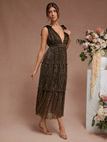 Solid Color Deep V Neck Ruffle Hem Backless Sleeveless Dress