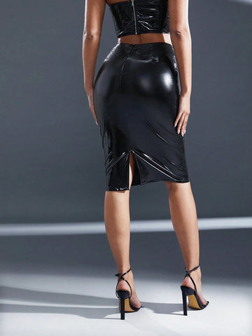 Haute Solid Color PU Leather Midi Slit Skirt, Bodycon Fit