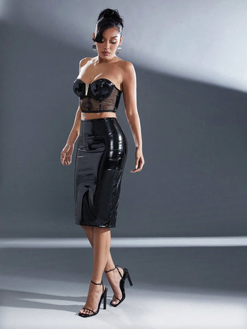 Haute Solid Color PU Leather Midi Slit Skirt, Bodycon Fit