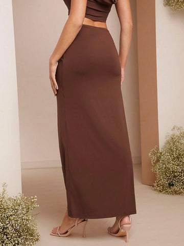 Haute Solid Color Twist Design Thigh-High Split Sexy Skirt