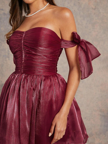 Solid Metallic Organza Off Shoulder Ruched Dress