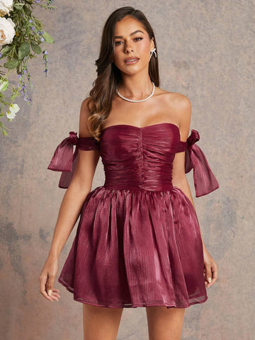 Solid Metallic Organza Off Shoulder Ruched Dress