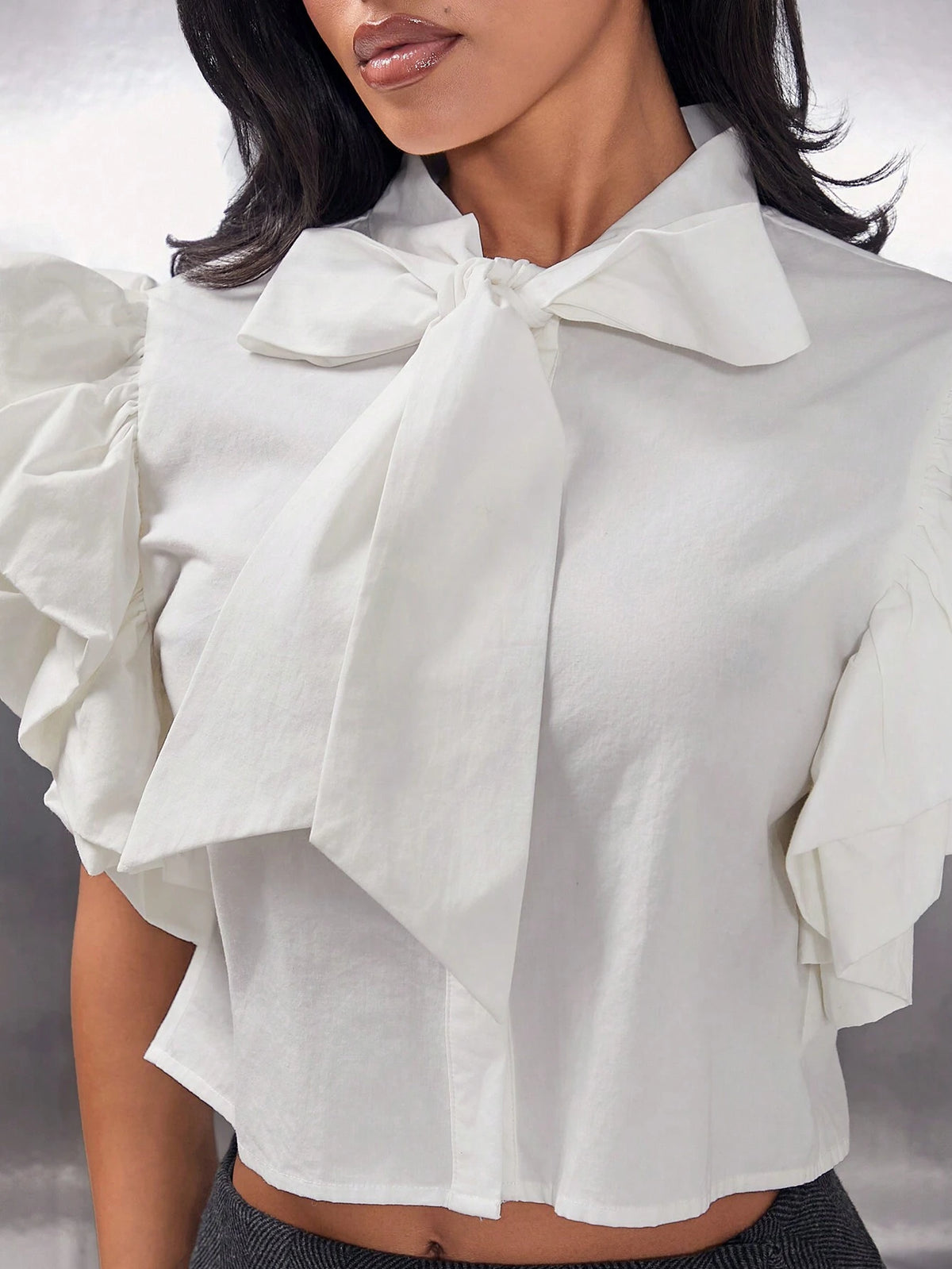 Haute Solid Puff Sleeve Bow Neck Tie Button Up Blouse