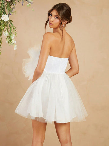 Solid Tulle Flower Embellished Mini Dress