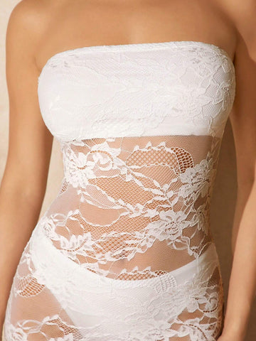 Strapless Lace Dress With Ruffle Hem And High Slit, Summer