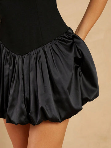 Stretch Satin Solid Color Chest Ruched Bubble Hem Cami Dress