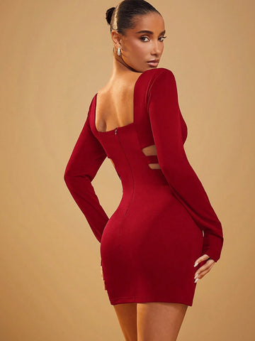 Sweetheart Neck Cut Out Padded Shoulder Long Sleeve Blazer Mini Dress