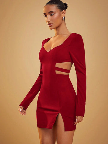 Sweetheart Neck Cut Out Padded Shoulder Long Sleeve Blazer Mini Dress