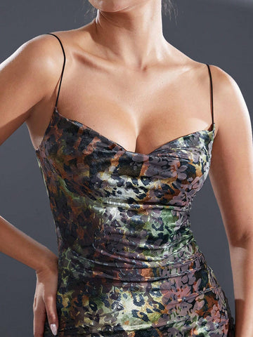 Textured Animal Print Cowl Neck Maxi Dress