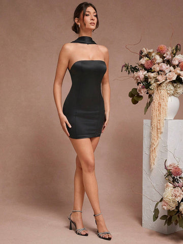 Tube Top Satin Dress With Back Draping