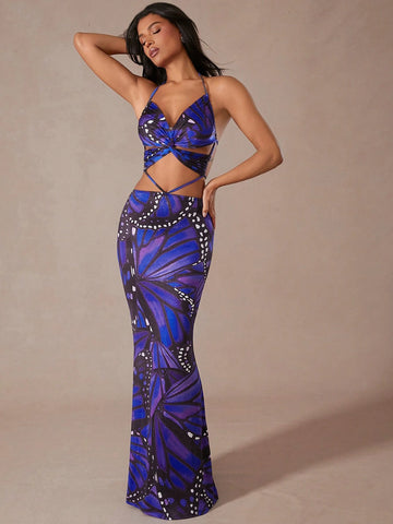 Twist Front Halter Hollow Out Maxi Dress