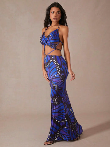 Twist Front Halter Hollow Out Maxi Dress