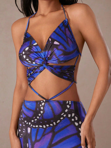 Twist Front Halter Hollow Out Maxi Dress