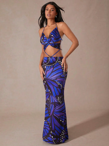 Twist Front Halter Hollow Out Maxi Dress