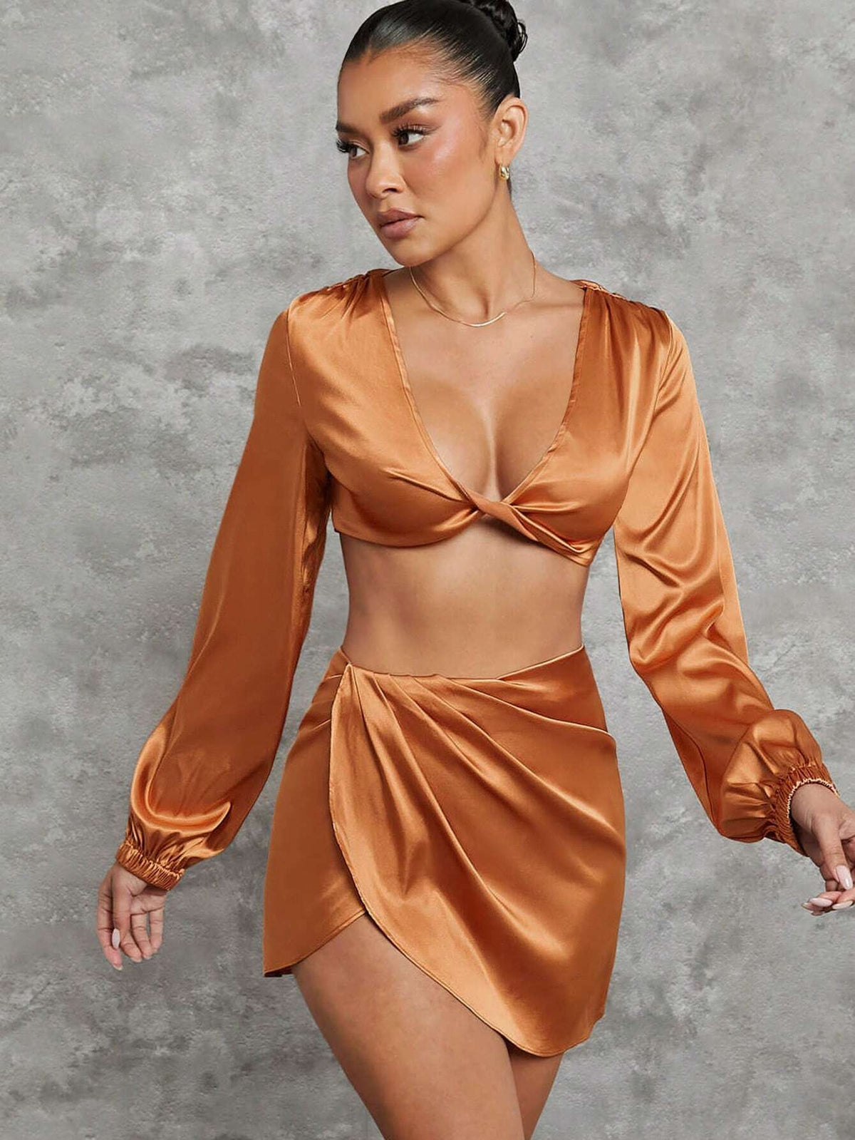 Twist Top With Lantern Sleeves & Mini Skirt Two Piece Set