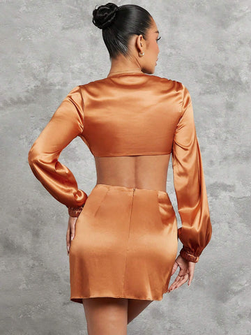 Twist Top With Lantern Sleeves & Mini Skirt Two Piece Set